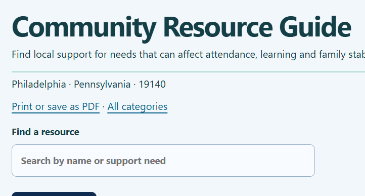 BASAAS Philadelphia Community Resource Guide showing ZIP 19140, resource search and Print or save as PDF controls